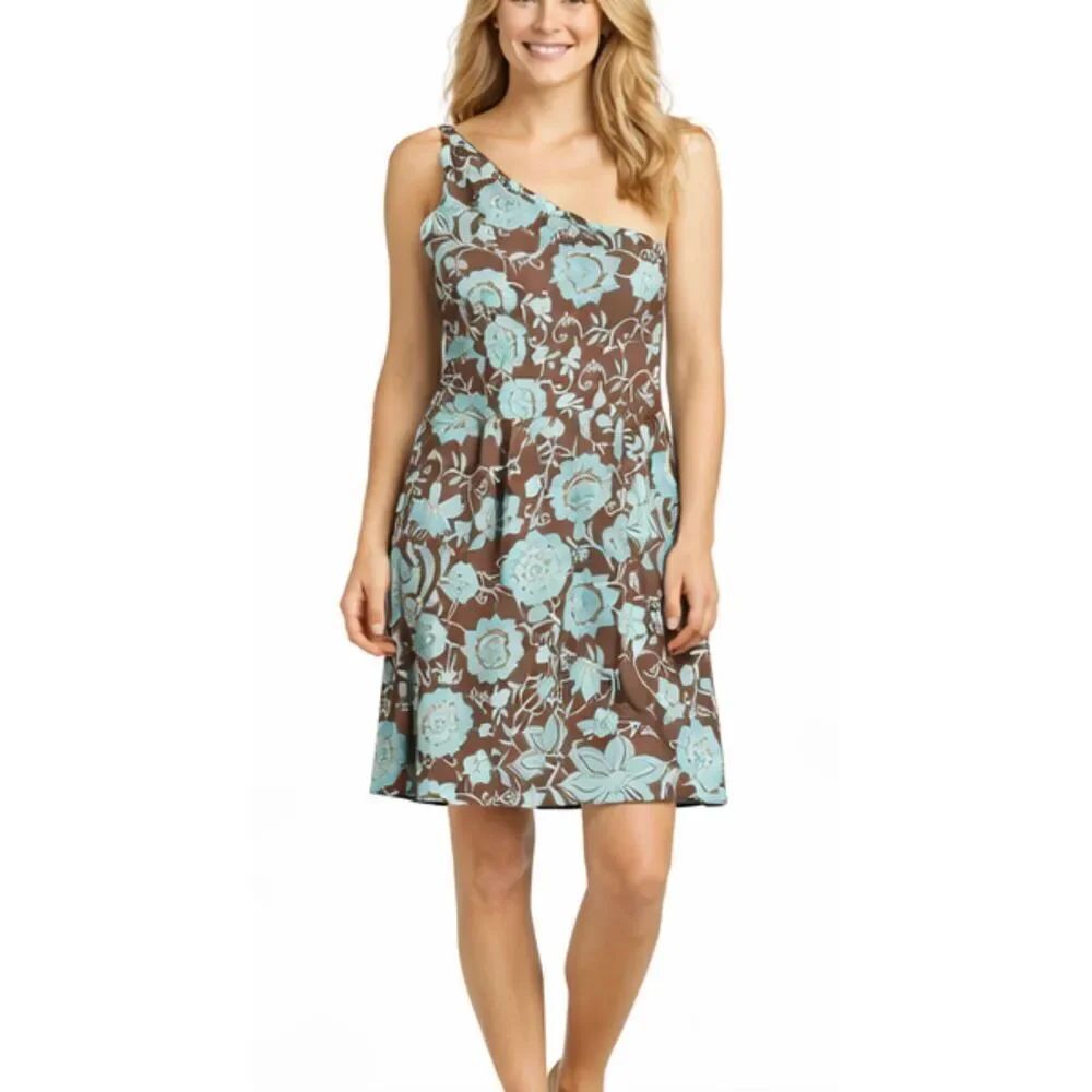 Sara Campbell vintage  brown and turquoise floral one shoulder dress 12